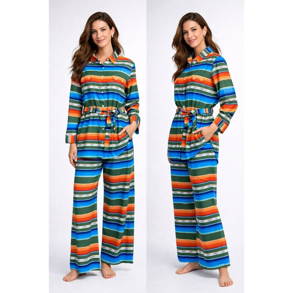 Ranch Royalty Womens Striped 2-Piece Set W/ Belted Tunic Top & Wide-Leg Pants Me